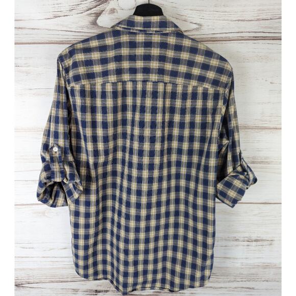 MICHAEL Michael Kors Blue and Tan Plaid Button Down Roll Sleeve Shirt Sz Medium - Picture 4 of 8